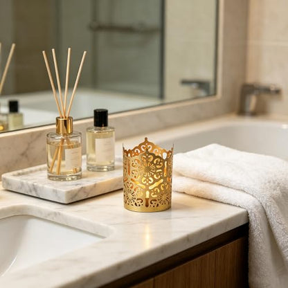 Hosley Set of 3 Gold Diamond Cut Candle Holders 4 Inches High Elevate Your Space with Elegant Metal Candle Holders in a Value Pack - color: Gold 3 Pack, size: 4 inch High