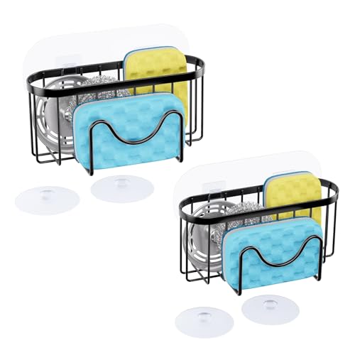 HapiRm Multifunctional Sponge Holder with Unique M-shaped, Two Installation Methods Kitchen Sink Organizer, Rustproof Stainless Steel Sink Caddy -Black（2-pack） - color: Black, size: with M-shaped Holder (2-pack)
