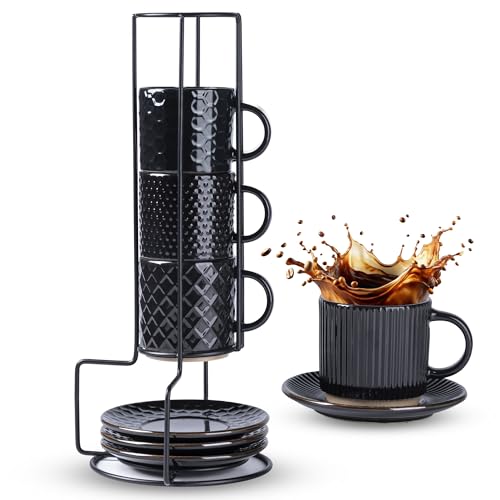 GBhome 6 OZ Stackable Coffee Mugs Set of 4, Ceramic Espresso Coffee Cups | Coffe Cups With Saucer and Stand, Dishwasher&Microwave Safe, 4 Assorted Designs - color: Black, size: 6 Ounce (With Stand)