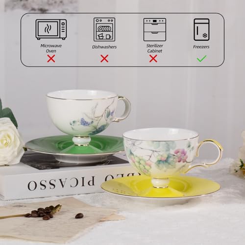 KAMMAK Tea Cups Set of 2,Ceramic Floral Pattern Demitasse Cup | Porcelain Espresso Cup with Saucer, 7.44 oz Handmade Elegant Bone China Tea Cups for Latte, Americano, Cappuccino - color: Grape + Blueberry
