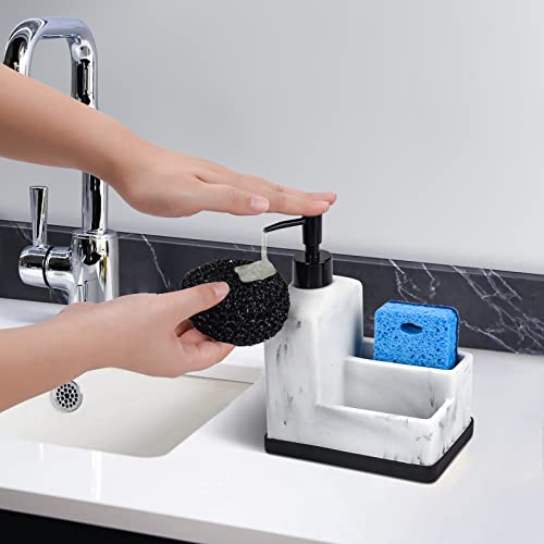 Dish Soap Dispenser with Sponge Holder,White Marble Look Liquid Hand and Dish Soap Dispenser and Spong Caddy with Brush Holder 3 in 1 Countertop Organizer for Kitchen Sink and Bathroom,White - color: White Marble Look