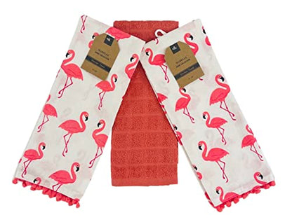 Summer Fun Kitchen Dish Towels Set, 3pc: Bright Colorful Cotton Towels with Fringe 2 Flamingo and 1 Solid Towel - color: Flamingo Pink