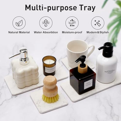 4 Water Absorbing Stone Drying Tray Bathroom Sink Kitchen Counter Soap Dish | Small Diatomite Toothbrush Holder Quick Dry Mat Marble Bathroom Vanity Trays Diatomaceous Earth Dish Coaster Kitchen Counter - color: White Marble