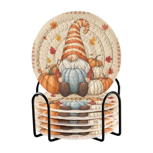 Caikeny 6 Pcs Drink Coasters with Metal Holder Gnome Watercolor Maple Leaf Pumkins Absorbent Coasters Decorative Woven Coaster Set for Coffee Table - color: Multi 10k1.39