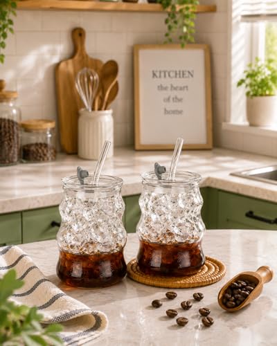 6 Packs Glass Cups with Lids and Straws, 18oz Ribbed Iced Coffee Glass Tumblers, Suitable for Juice, Milk Tea, and Smoothies, Includes Cleaning Brushes
