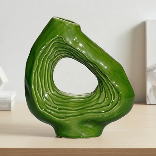 Sunddo Donut Ceramic Flower Vase, Green, 9 Inch | Modern, Boho Style, For Living Room, Bookshelf, Entryway, Console Table Decor - color: Green, size: 9 inch
