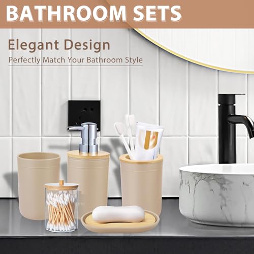 Bathroom Accessories Set 5Piece Beige Bathroom Sets, Toothbrush Holder, Toothbrush Cup, Lotion Soap Dispenser, Soap Dish and Qtip Holder Bathroom Decor - style: Beige