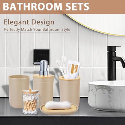 Bathroom Accessories Set 5Piece Beige Bathroom Sets, Toothbrush Holder, Toothbrush Cup, Lotion Soap Dispenser, Soap Dish and Qtip Holder Bathroom Decor - style: Beige