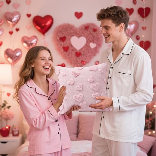 Tiamon 4 Pcs Valentines Throw Pillow Covers 18 x 18 Inch 3D Embroidered Plush Pink Red Hearts Pillow Cases Valentine's Day Love Fluffy Faux Fur Cushion Covers for Sofa Couch Wedding Anniversary Party - style: Valentines