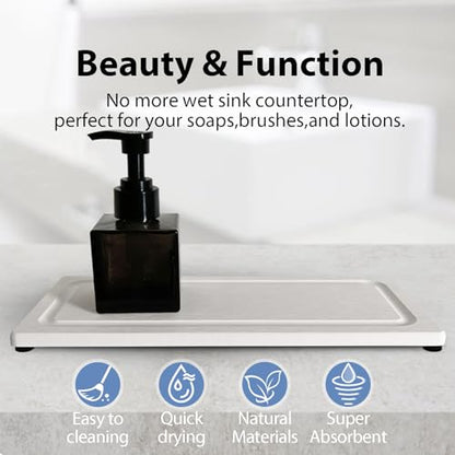 2 PCS Water Absorbing Stone Trays for Bathroom Sink Fast Drying Coasters | 11" X 4.7", Vanity Tray, Diatomaceous Earth Mat, Hand Soap Holder with Anti-Skid Feet, Kitchen Counter, Sink Caddy Organizer - color: 11" X 4.7" White