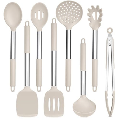 TeamFar Kitchen Utensils Set of 8, Silicone Utensils Kitchen Tools Set | with Stainless Steel Handle, for Frying Serving Flipping Draining, Non-toxic & Heatproof, Nonstick & Dishwasher Safe - Khaki - color: Khaki
