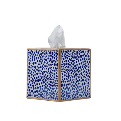 Jaye’s Studio Decorative Square Tissue Box Cover for Bathroom & Home, Premium Tissue Box Holder, Blue & White Print, Luxury Gold Trim & Accents, Shagreen Pattern, Luxury Handmade Metal Decor