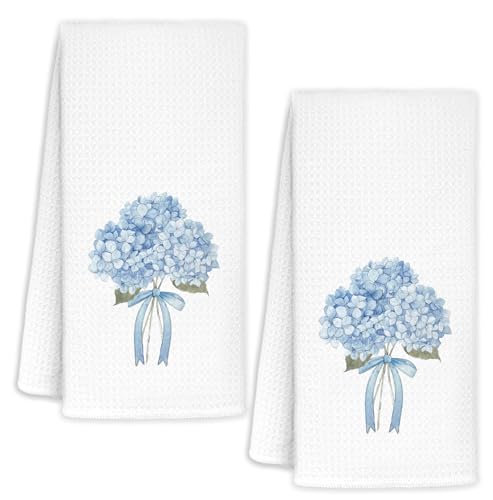 Blue Hydrangea Bow Decorative Hand Towels for Bathroom Washroom Set of 2, Hydrangeas Gifts, Hydrangea Decor for Bathroom Kitchen, Flower Floral Hydrangeas Kitchen Towels, 16x24 Inch - color: Bow Hydrangea