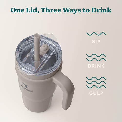 REDUCE 24 oz Stainless Steel Tumbler with Handle - Dual-Wall Vacuum Insulated Travel Mug, Sweat-Proof Lid & Reusable Straw - Keeps Drinks Cold for 24 Hrs, Fits Cupholders, Dishwasher Safe - Sand - color: Sand, size: 24 Ounces