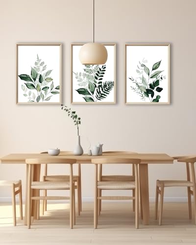 UPWOIGH Olive Leaf Framed Botanical Wall Art, 12 x 16 Inch, Set of 3 | Watercolor Fern, Olive and Eucalyptus Leaf Prints, Soft Green Tones, Light Wood Frames for Bedroom, Office and Gallery Wall - color: Olive Leaf Green MDF