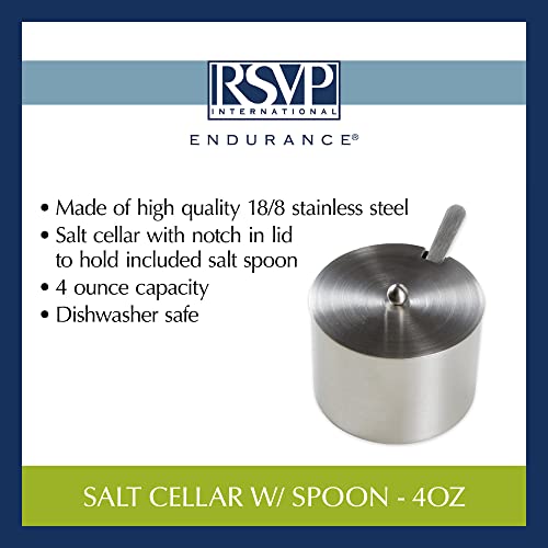 RSVP International Endurance Kitchen Collection Salt Cellar Set with Spoon, 4-Ounce, Brushed Stainless Steel - size: 0.1 Quarts