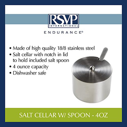 RSVP International Endurance Kitchen Collection Salt Cellar Set with Spoon, 4-Ounce, Brushed Stainless Steel - size: 0.1 Quarts