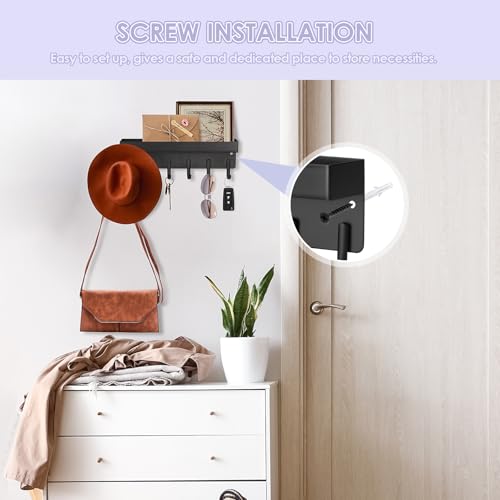 VIS'V Key Holder Wall Mount, Adhesive Key Rack with Tray, 6 Hooks, Black | 2 Mount Options, Compact Discreet Design, Suitable for Entryway, Hallway, Doorway, Kitchen, Garage, Camper - color: Black