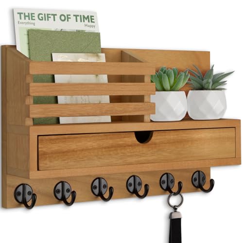 Key Holder Wall Mount, Mail Holder with Storage Drawer and 6 Key Hooks for Coat, Dog Leash, Home Decor Rack, House Accessories, Entry Way Organizer - color: Wood, size: Large - 13.8 Inch