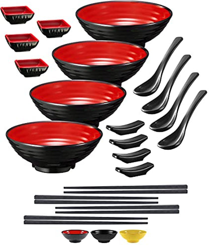 4 Noodle Bowls Set - large 32oz Ramen Bowl Set for authentic Asian Cuisine - with Dipping Bowls, Spoons, Chopsticks & Chopstick Stands. Enjoy Thai Miso Udon Wonton (4 Bowl Set, Red-Black) - color: Red & Black, size: 4 Bowl Set
