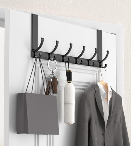 KitchLife Over The Door Hooks Hanger with 7 inches Extended Arms, Fits 1-3/8" Doors, F18U, Bathroom Towel Rack Organization, Thickened 6-Double Hook, Matte Black - color: Matte Black, size: Fits 1 3/8" Doors with 7" Arms