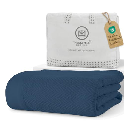 Threadmill Luxury Cotton Blankets for Twin Size Bed | All-Season 100% Cotton Twin Blanket for Bed | Herringbone Soft & Cozy Fall Thermal Blanket, 350GSM, 68x92 inches | Folkstone Blue | 100% Cotton, Herringbone Pattern, 350 GSM, 68x92 in, Breathable, All-