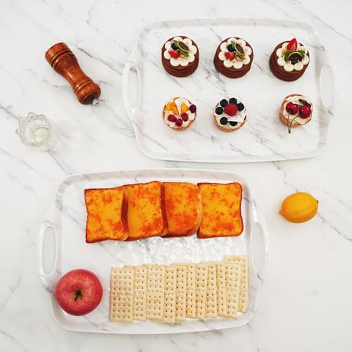TP Melamine Serving Trays with Handles, 17” x 12”, Set of 2, White Marble | Rectangular Trays, Serving platters for Food and Meat, Party Serving, Lightweight, Break-resistant - color: White Marble, size: 17" x 12"