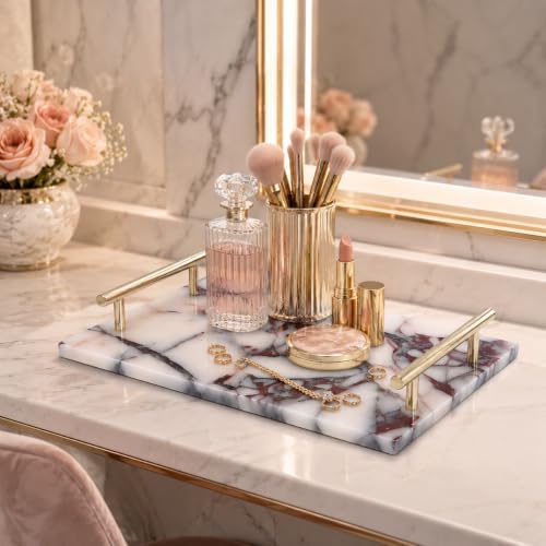 Calacatta Viola Marble Bathroom Tray with Gold Handles, Natural Stone Vanity Organizer for Towels and Essentials (with Handle 30x20cm) - color: With Handle 30x20cm