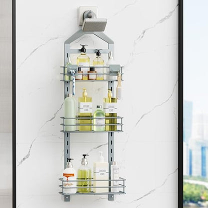 Orimade Adjustable Anti-slip Shower Caddy Overhead, Rustproof Hanging Shower Organizer With 2 Razor Hooks - No Drilling, 3-Tier Shelves, Silver Grey - color: Silver Grey
