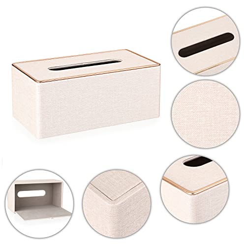 Sumnacon Rectangular Linen Tissue Box Cover - Stylish Tissue Box Holder with Magnetic Bottom, Decorative Tissue Box for Bathroom Toilet Vanity Night Stand Table Countertop Office, Beige Linen Texture | Decorative Tissue Box Cover Rectangular with Gold Gri