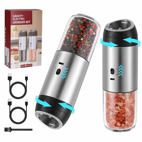 Gravity Electric Salt Grinder Set,Stainless Steel 2 Pack | with Variable Grinding Speed, External Adjustable Coarseness, One Hand Operation - color: Stainless Steel