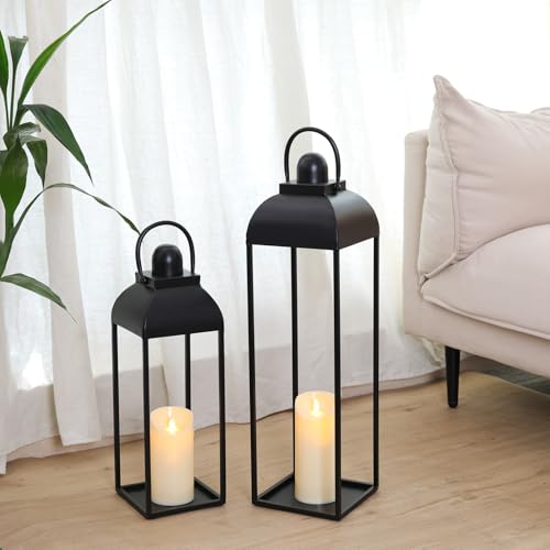 25'' 19'' Lanterns Decorative Outdoor Indoor, Black Metal Outdoor Lanterns | Set of 2 No Glass Modern Farmhouse Decorative Lantern with Candle and Remote Control for Fireplace, Patio, Porch, Floor - color: Black, size: 25in and 19in