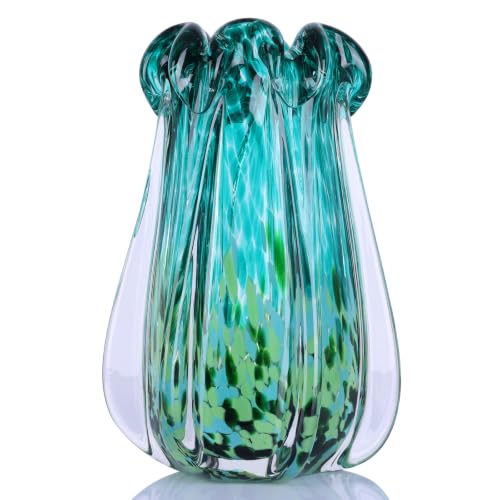 Hand Blown Glass Vase, 9.8 Inch Emerald Green Teal Art Glass Vase with Unique Wavy Rim Design, Handmade Decorative Flower Vase for Living Room Table Centerpiece, Modern Home Decor Gift - color: L-dark Green