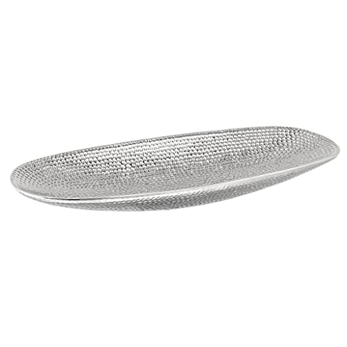 Torre & Tagus 16" Silver Decorative Tray with Hammered Texture, Silver Plated Oval Catchall Tray for Entryway, Desk, or Console Decor (Helio)