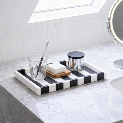 Striped Marble Tray 12", Black White Stone Vanity Organizer | Natural Marble, Bold Striped Veining, for Jewelry and Perfume, on Bathroom Vanity and Dresser, Non-Slip Base - color: Black & White