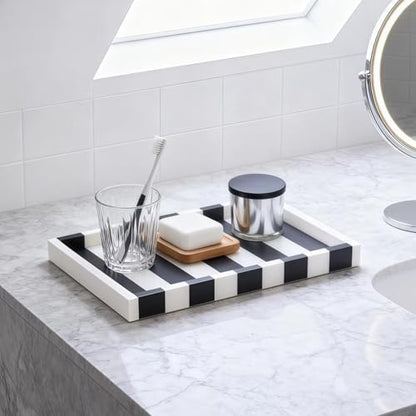 Striped Marble Tray 12", Black White Stone Vanity Organizer | Natural Marble, Bold Striped Veining, for Jewelry and Perfume, on Bathroom Vanity and Dresser, Non-Slip Base - color: Black & White