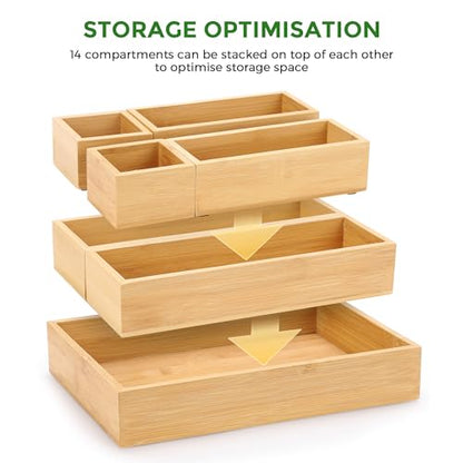 MapleGrace Bamboo Drawer Organizer Set, 14 PCS Wood Storage Organizers | Multi-Use Junk Drawer Divider, Storage Trays Containers for Kitchen, Bathroom, Office Desk, Makeup, Jewelry, Utensils - size: 14
