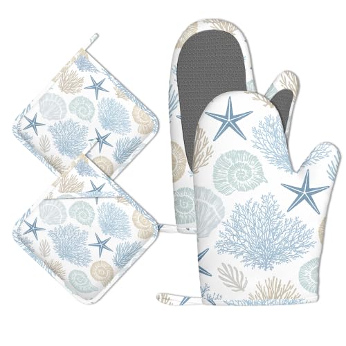 Oven Mitts and Pot Holders Starfish Coral Shell Silicone Kitchen Accessories Set of 4 Heat Resistant Gloves Potholder Non-Slip Grip for Chef Cooking Baking Grilling BBQ - color: Starfish Coral Shell