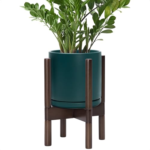 D'vine Dev Ceramic Pot with Walnut Wood Stand, Teal, 8 in, 55-B-Y-4 | Mid-Century Modern Design, Raised Plant Display, Solid Beech Wood Stand, Premium Craftsmanship, Sophisticated Home Decor - color: Teal Pot + Walnut Color Stand, size: 8 Inch