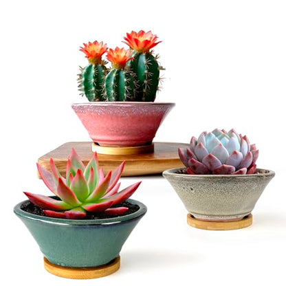 6 Inch Glazed Terracotta Succulent Pot Planter Small Plant Pot with Drainage Hole and Bamboo Saucer Cactus Ceramic Pot Set of 3 (Light Green Pink White)