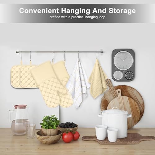Oven Mitts Kitchen Towels Dishcloths with Pot Holders Sets 12PCS, Dish Towels Sets, Oven Gloves Pot Pads Heat Resistant 500 Degrees with Non-Slip Silicone Surface for Cooking Baking Grilling-Beige - color: Beige