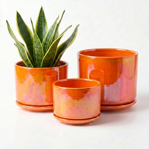 EFISPSS Ceramic Plant Pots,4+5+6 Inch Ceramic Indoor Pots for Plants with Drainage Hole,for Succulent Cactus,Pothos,Snake Plant Gift for Plant Lovers Set of 3 - Orange Pearl Glaze Plant Pots - color: Orange