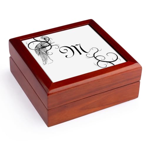 3dRose Image of Letter M Victorian Style With Peacock Hiding Jewelry Box 7 x 7 inch with 4 inch tile