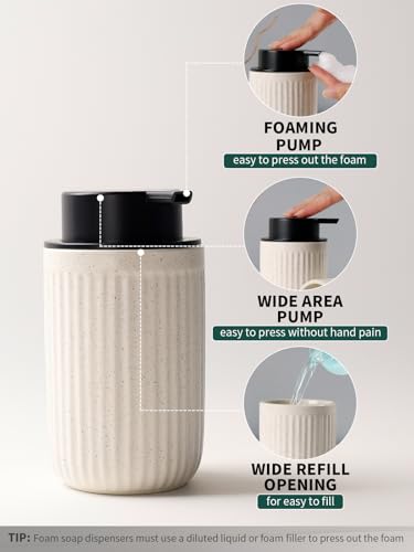 Bosilunlife Soap Dispenser and Toothbrush Holder Set - 11Oz Foam Soap Dispenser Pump Ceramic Bathroom Counter Soap Toothbrush Holder Set Beige Bathroom Accessories Set - color: Beige-cylindrical Stripes Foam
