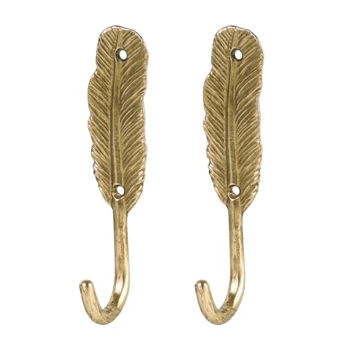 SOFFEE DESIGN 2PCS Golden Feather Metal Hooks, Wall Hangers for Coats & Jewelry, Delicate Bathroom Vanity Organizer - color: Gold