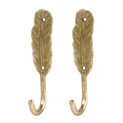 SOFFEE DESIGN 2PCS Golden Feather Metal Hooks, Wall Hangers for Coats & Jewelry, Delicate Bathroom Vanity Organizer - color: Gold