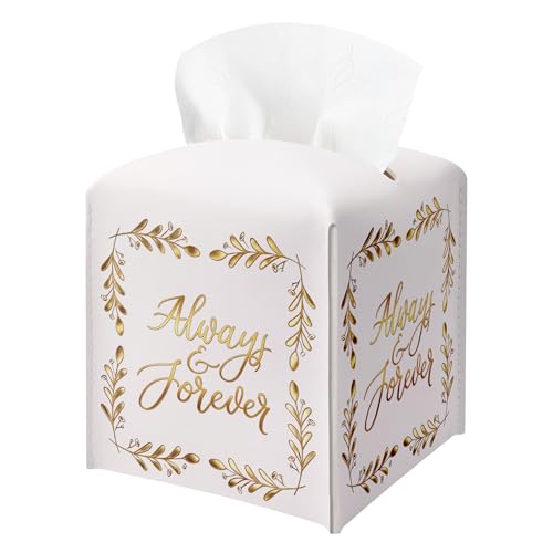 Always & Forever White Gold Foil Leather Tissue Box Cover - Elegant Square Facial Paper Organizer, Romantic Gift Idea for Wedding, Bridal Shower, Engagement Party & Birthday Decorations - color: Gold