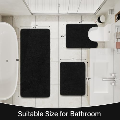 LOCHAS Bathroom Rugs Sets 3 Piece, Long Bath Mat Set Non Slip, Black | Washable Absorbent Toilet Rug, Shaggy Soft Cozy Quick Dry - color: Black, size: 48" x 20" + 24" x 17" + U Shape 24" x 20"
