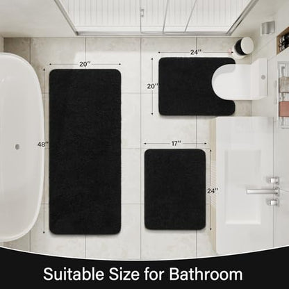 LOCHAS Bathroom Rugs Sets 3 Piece, Long Bath Mat Set Non Slip, Black | Washable Absorbent Toilet Rug, Shaggy Soft Cozy Quick Dry - color: Black, size: 48" x 20" + 24" x 17" + U Shape 24" x 20"