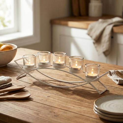 Table Centerpieces for Dining Room, Tealight Candle Holder, White | Wedding Votive Candle Holders, Wrought Iron 5 Cup Candelabra, Long Modern Coffee Table, White, Clear Glass Cups, 17in Long - color: White, size: 5 Cup